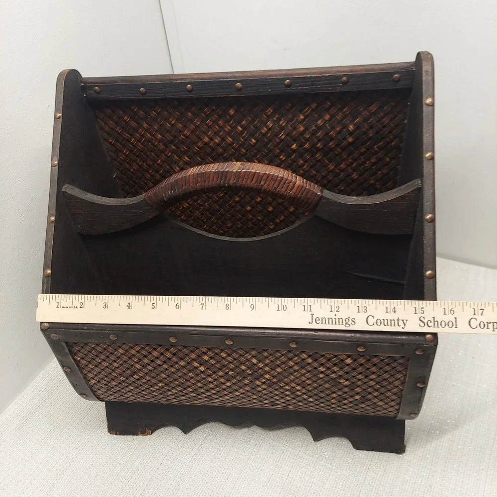 Large Wood Woven Wicker Ratan Magazine Rack Brown Metal Studded Floor Caddy